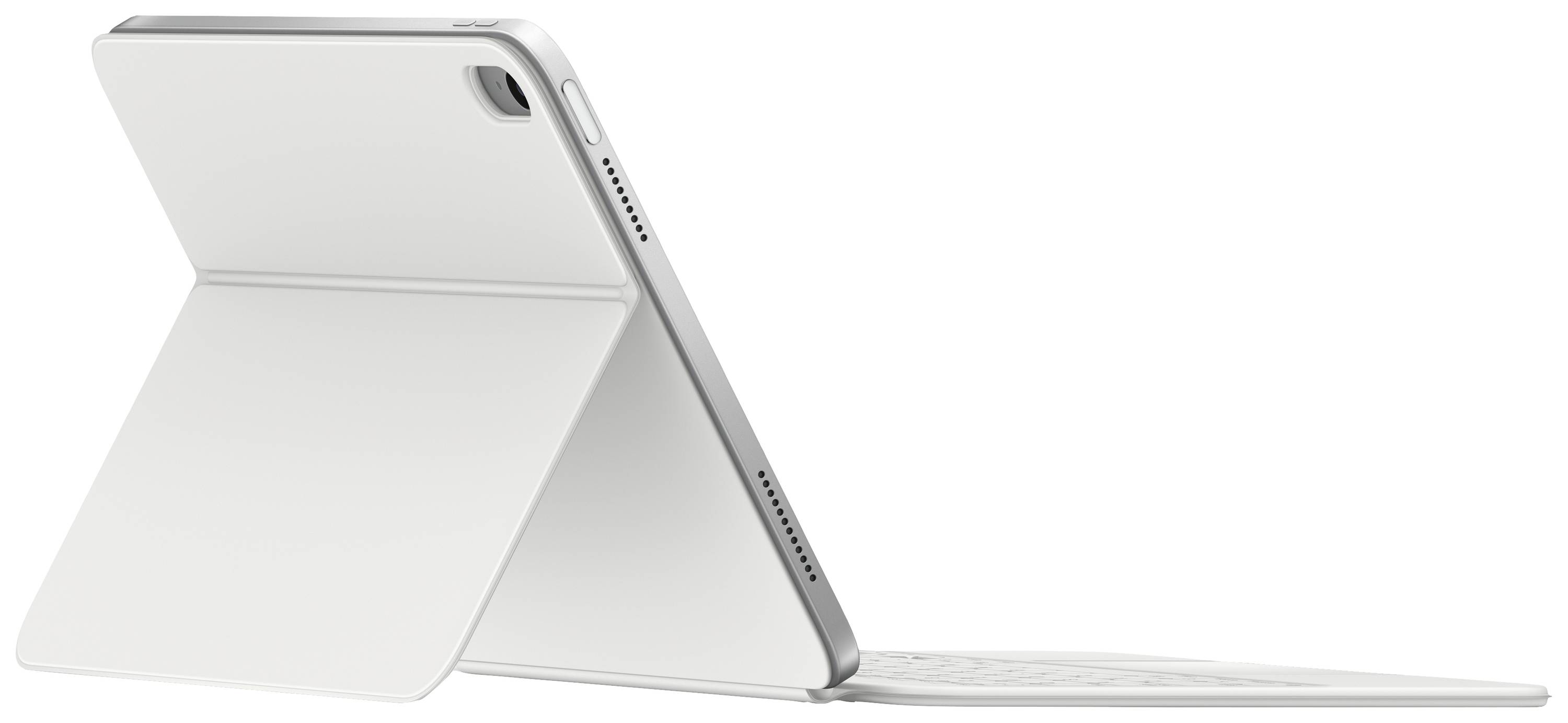 Vue latérale d'une tablette avec une housse de protection blanche et un clavier amovible.