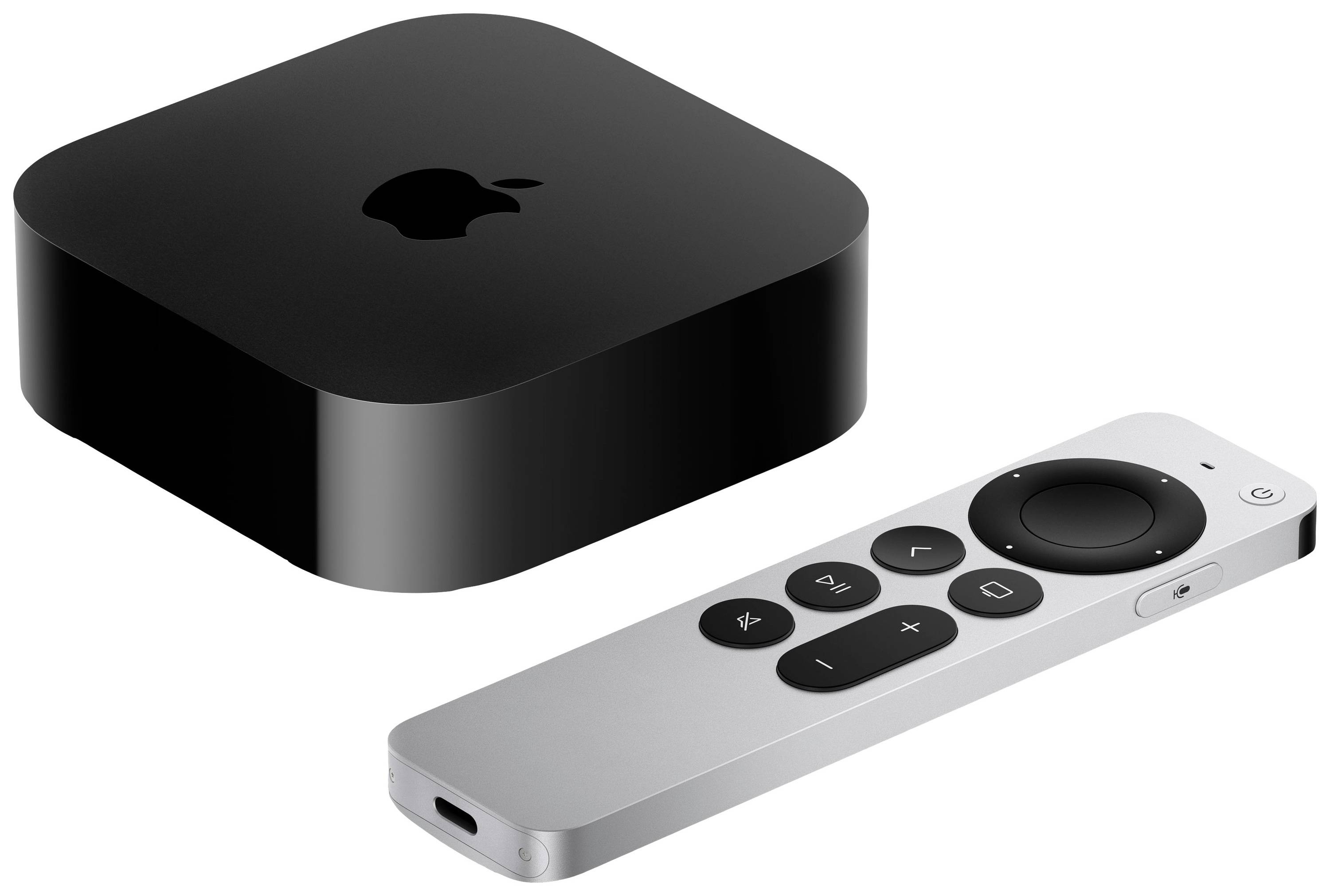 Un appareil Apple TV noir avec une télécommande argentée, comportant des boutons de commande et un pavé tactile ; le tout sur un fond blanc.