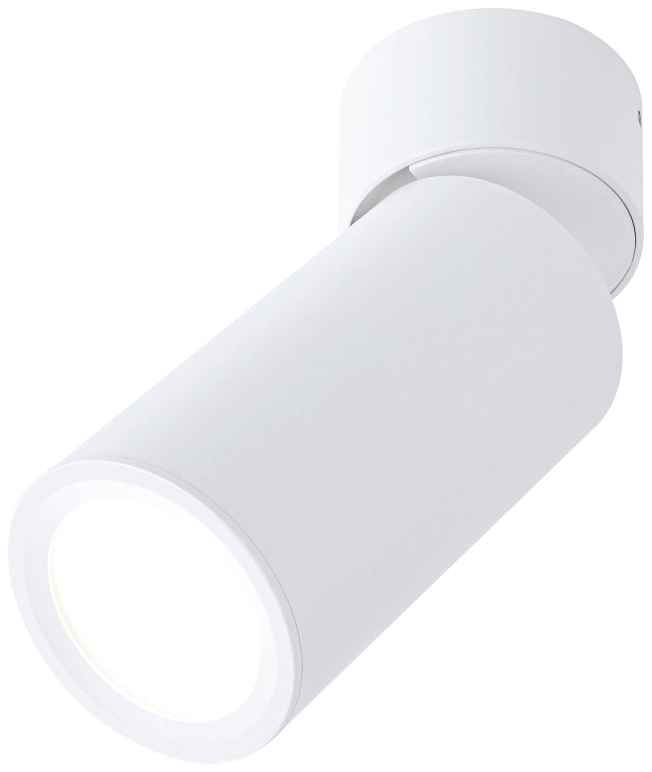Un projecteur LED cylindrique blanc, monté au plafond, idéal pour un éclairage ciblé.