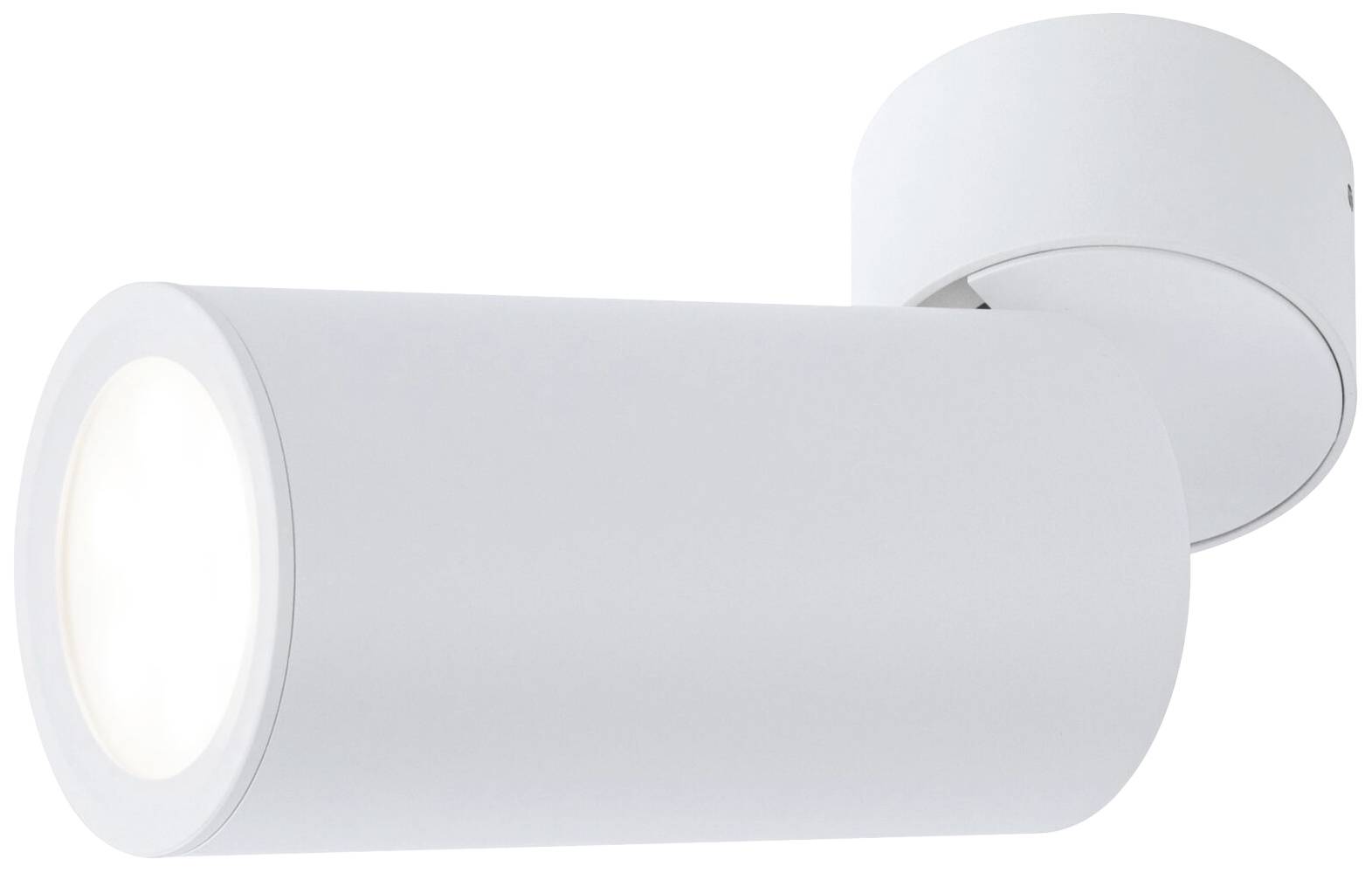 Plafonnier cylindrique blanc au design moderne, avec lentille transparente et projecteur orientable pour un éclairage ciblé.