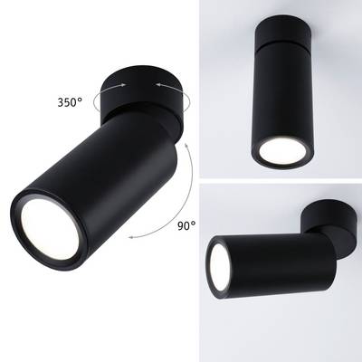 Luminaire de plafond noir cylindrique à design rotatif ; pivotant à 350 degrés, inclinable à 90 degrés. Adapté pour un éclairage directionnel.