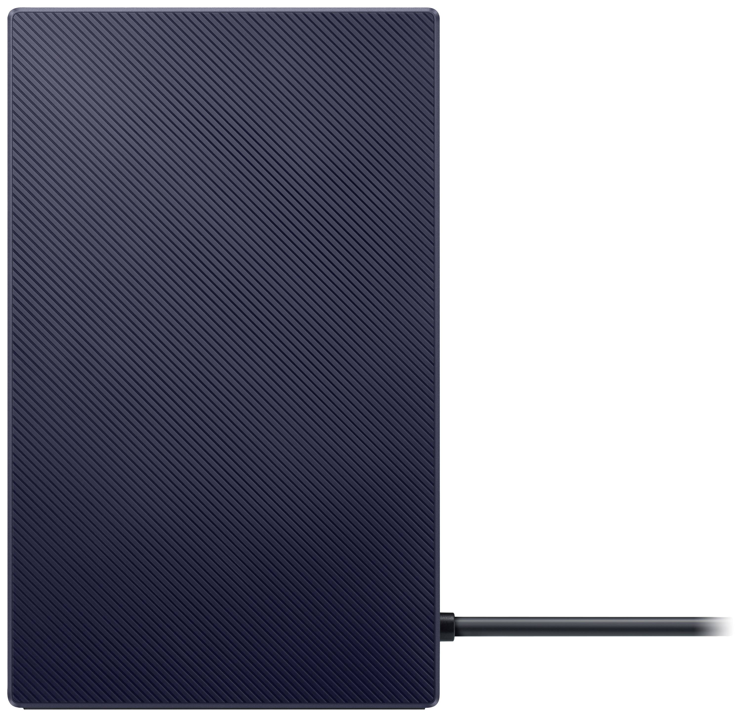 Disque dur externe avec boîtier strié bleu foncé, branché à un câble.