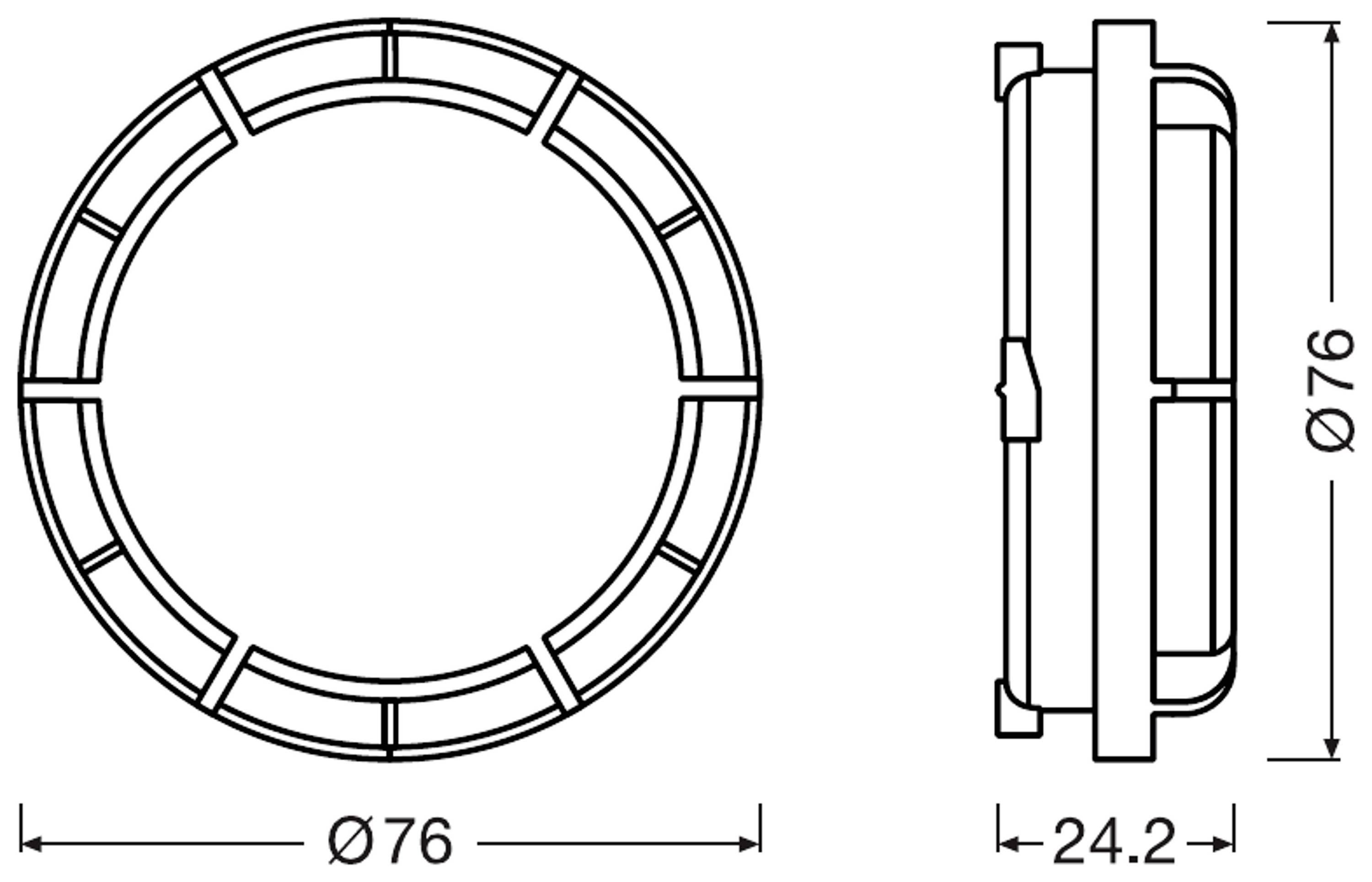 Dessin technique d'un composant rond : vue de face et vue latérale avec des dimensions de 76 mm de diamètre et 24,2 mm de profondeur.