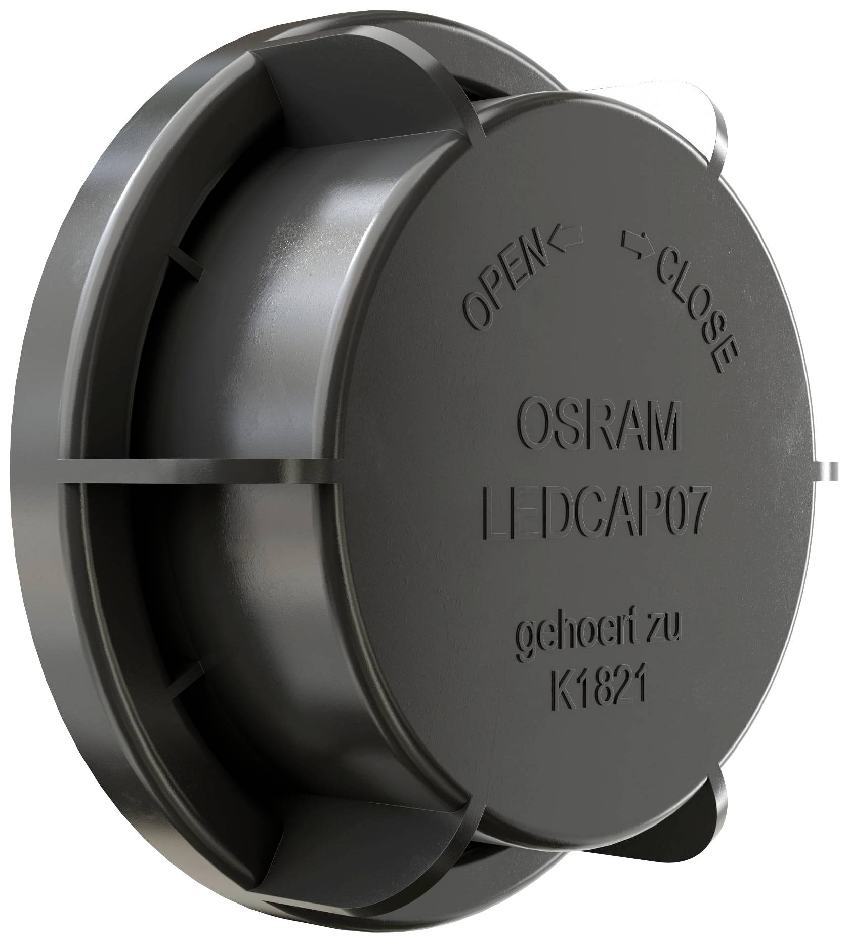 Couvercle de fermeture en plastique sombre portant l'inscription « OSRAM LEDCAP07 open close », indiquant le dispositif d'ouverture et de fermeture.