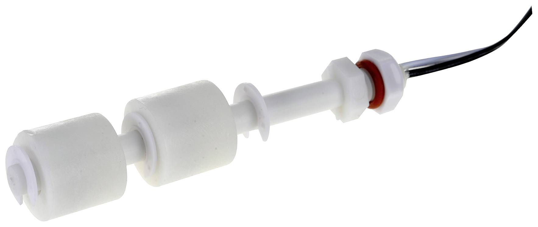 Un interrupteur à flotteurs en plastique à deux flotteurs, utilisé pour surveiller le niveau de liquide dans un réservoir.