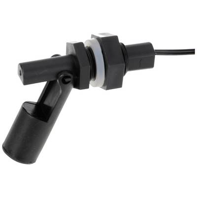 Un interrupteur à flotteur noir en plastique avec connexion de câble, adapté à la détection du niveau de liquide dans des réservoirs ou des conteneurs.