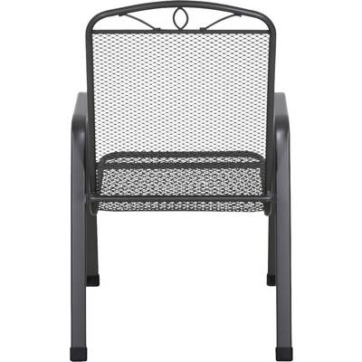 Une chaise noire en métal avec un dossier en maille et des accoudoirs. La chaise a l'air robuste et convient parfaitement aux espaces extérieurs.