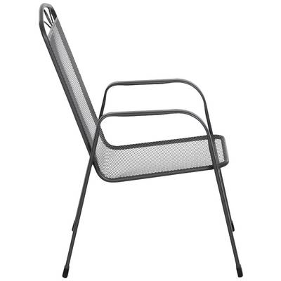Chaise en métal noir avec accoudoirs et design en maille, vue de côté.