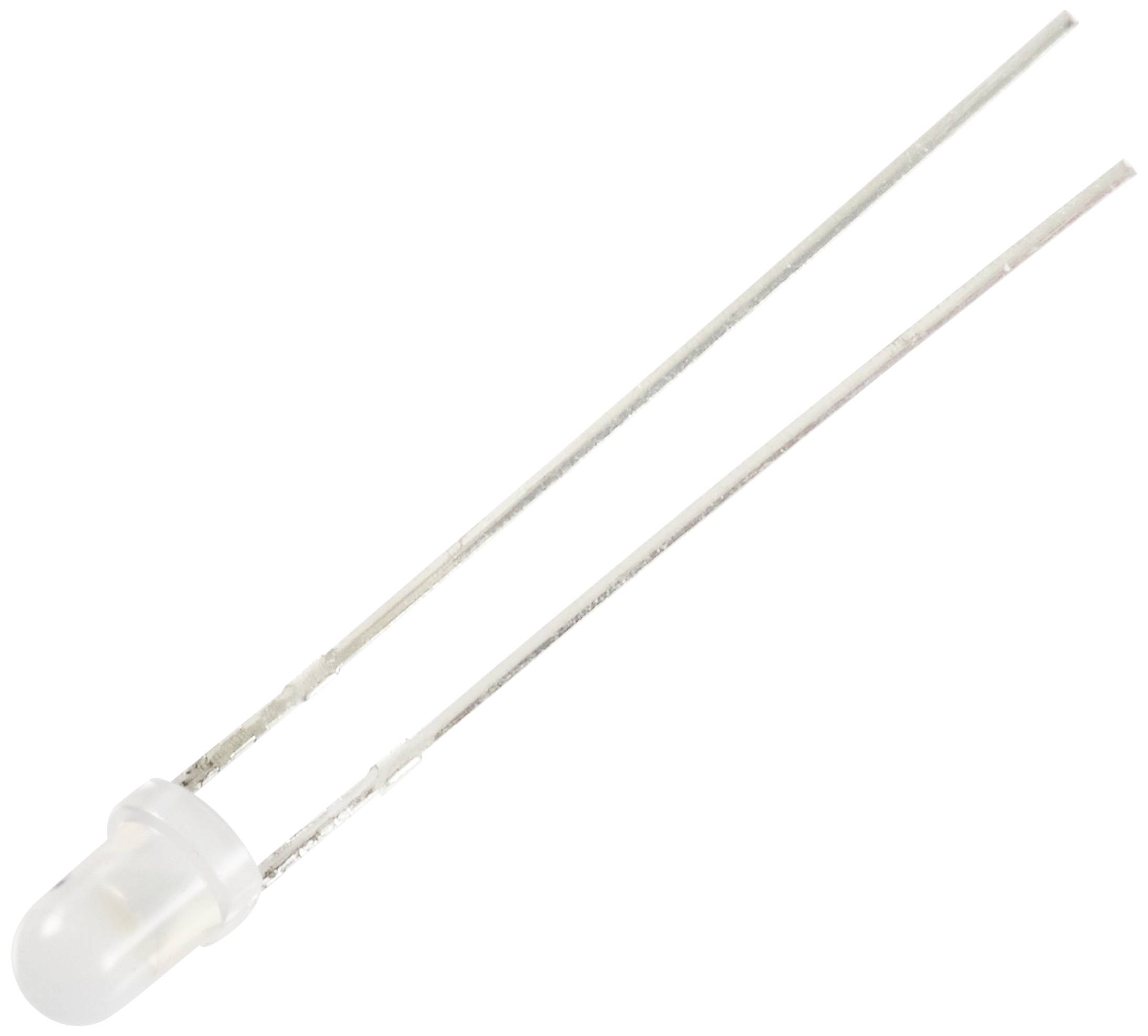 Une diode électroluminescente (LED) blanche avec deux longues pattes métalliques sur un fond blanc.