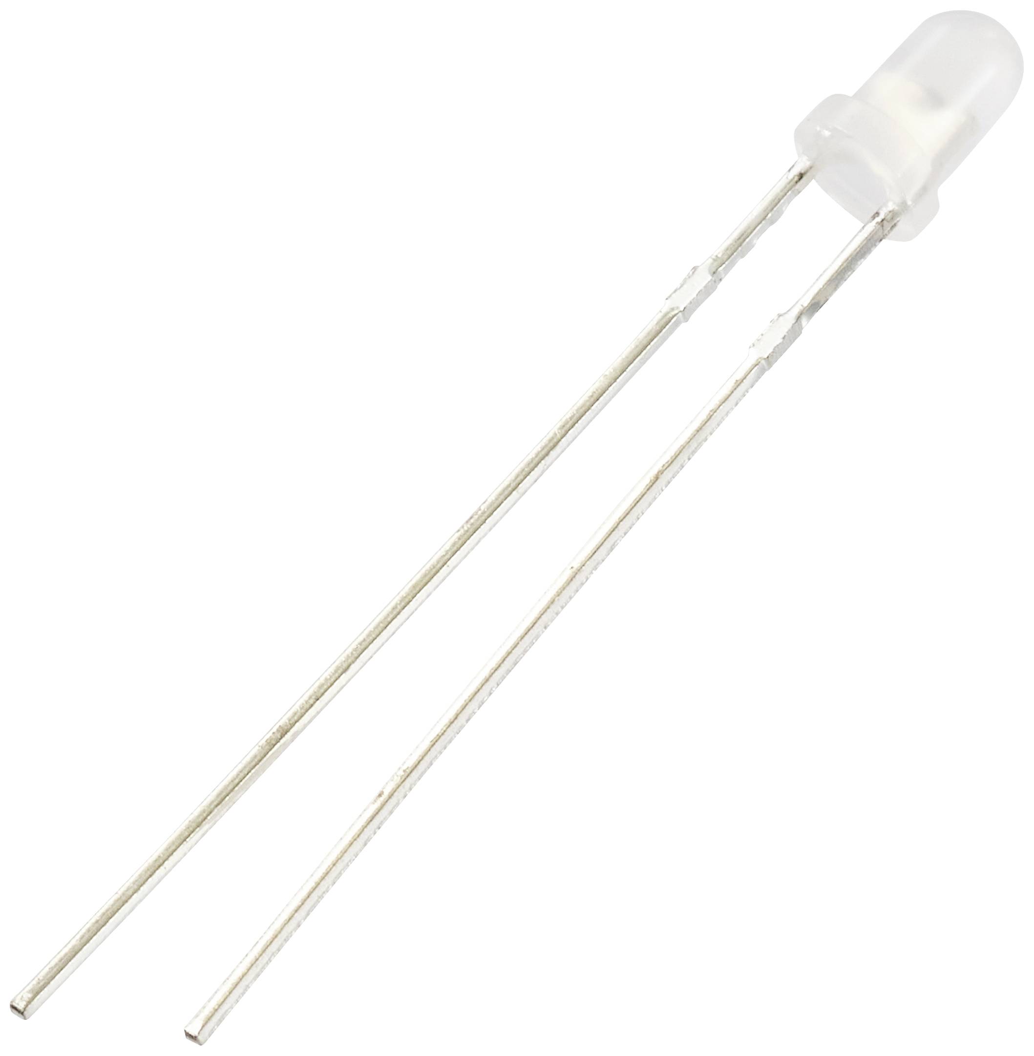 LED bipolaire à deux broches dans un boîtier transparent et clair, orientée horizontalement.
