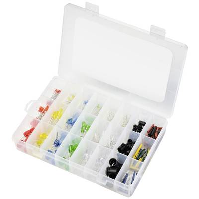 Une boîte en plastique ouverte avec des compartiments, remplie de différentes petites fiches de couleur et de composants électroniques.