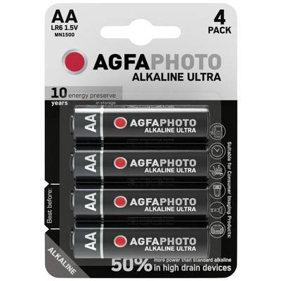 'AGFAPHOTO Piles Alcalines Ultra AA, Pack de 4. Adaptées aux appareils à forte consommation énergétique. Durée de conservation : 10 ans.'