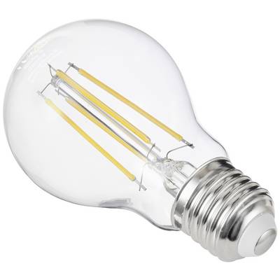 Une ampoule LED de forme standard avec des filaments visibles, sur fond blanc.