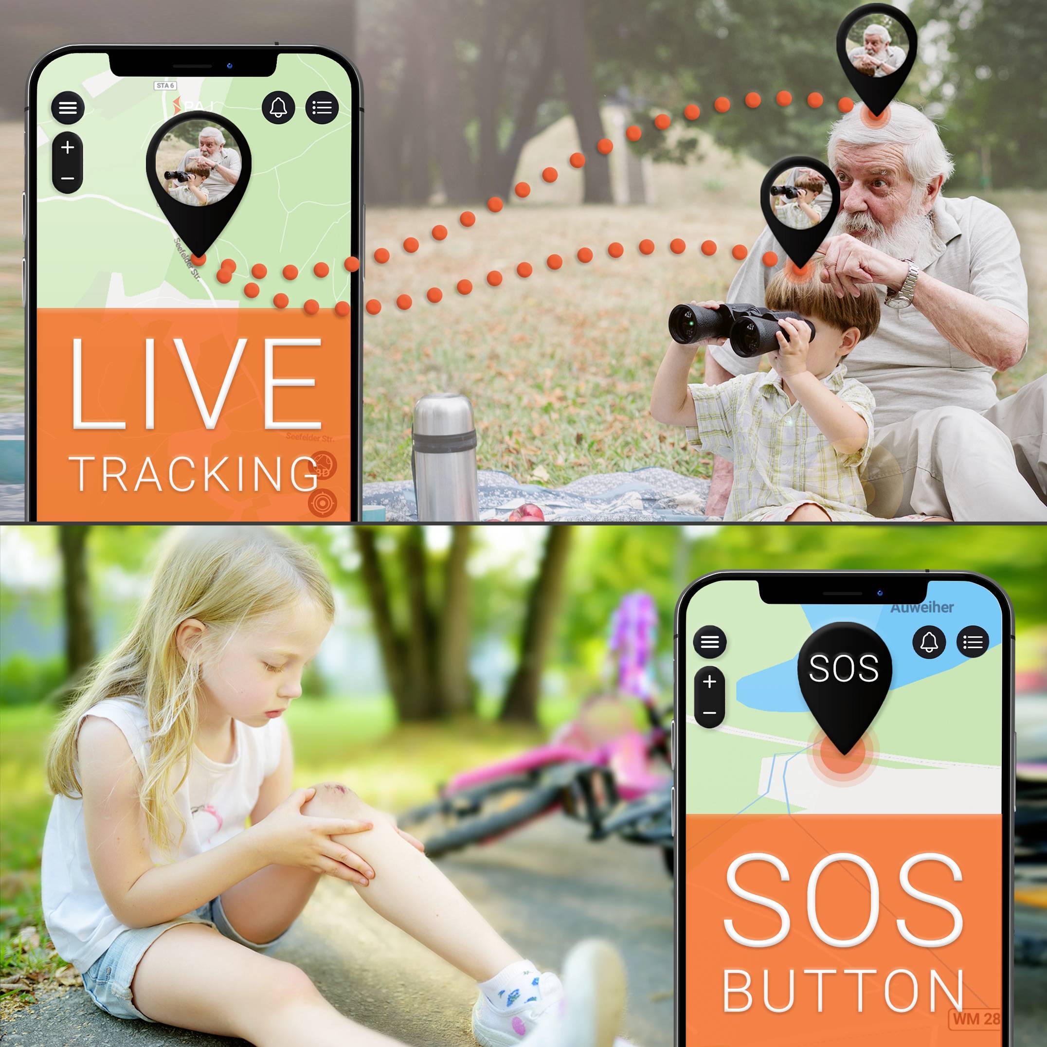 En haut : Un grand-père avec son petit-fils sur une couverture de pique-nique, le téléphone affiche « Suivi en direct ». En bas : Une jeune fille qui joue, le téléphone affiche « Bouton SOS ».