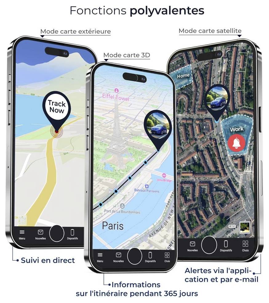 Infographie sur un traceur GPS : autonomie de batterie prolongée, fixation magnétique, protection antivol et protection contre les éclaboussures ; compact 10,9 × 7,6 × 2,6 cm, installation discrète dans la voiture.