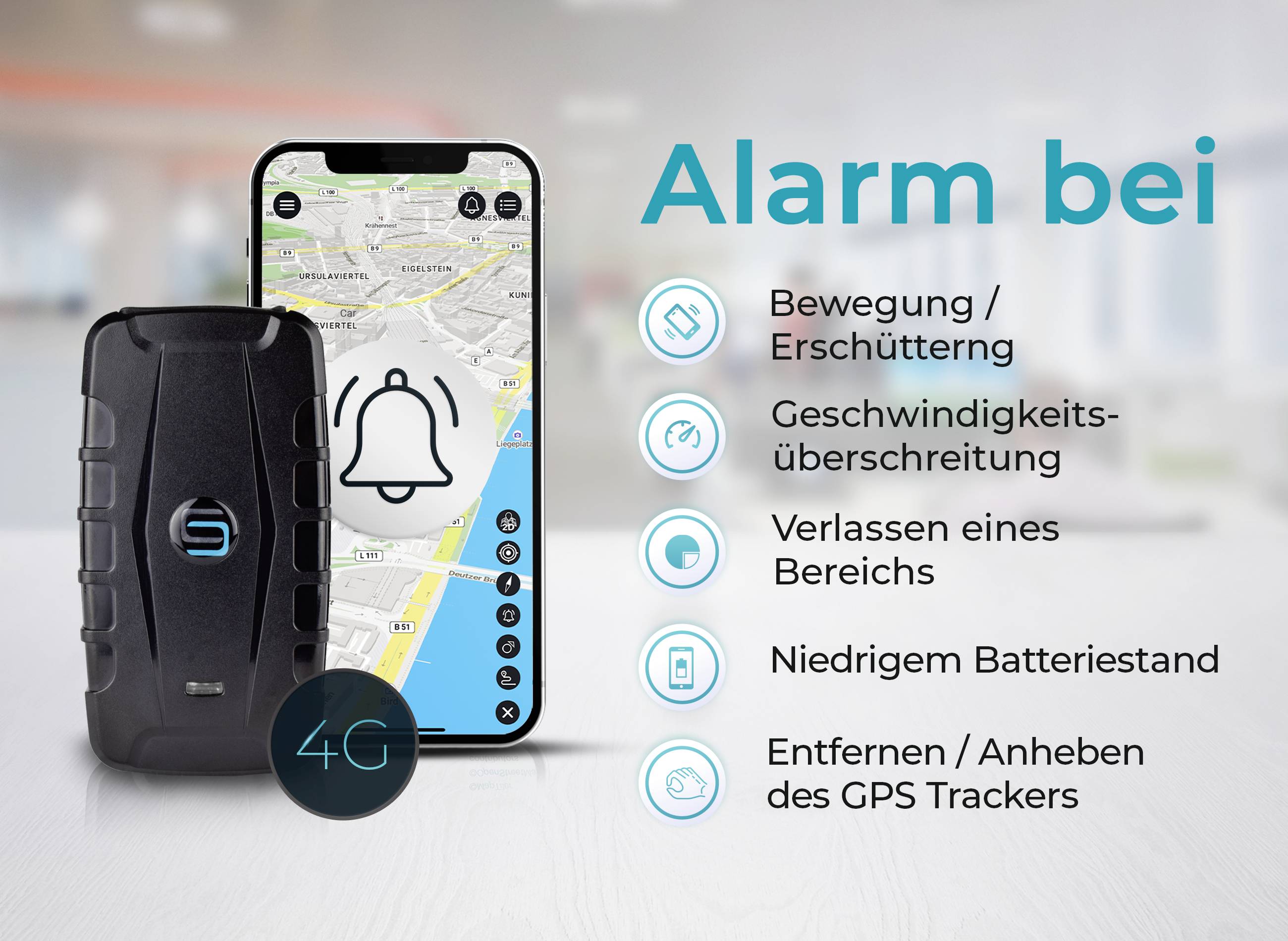 "Alarme" et une liste de critères d'alerte : mouvement, dépassement de vitesse, sortie de zone, batterie faible, retrait du traceur GPS. L'image montre un traceur GPS et un smartphone avec une carte à l'écran.
