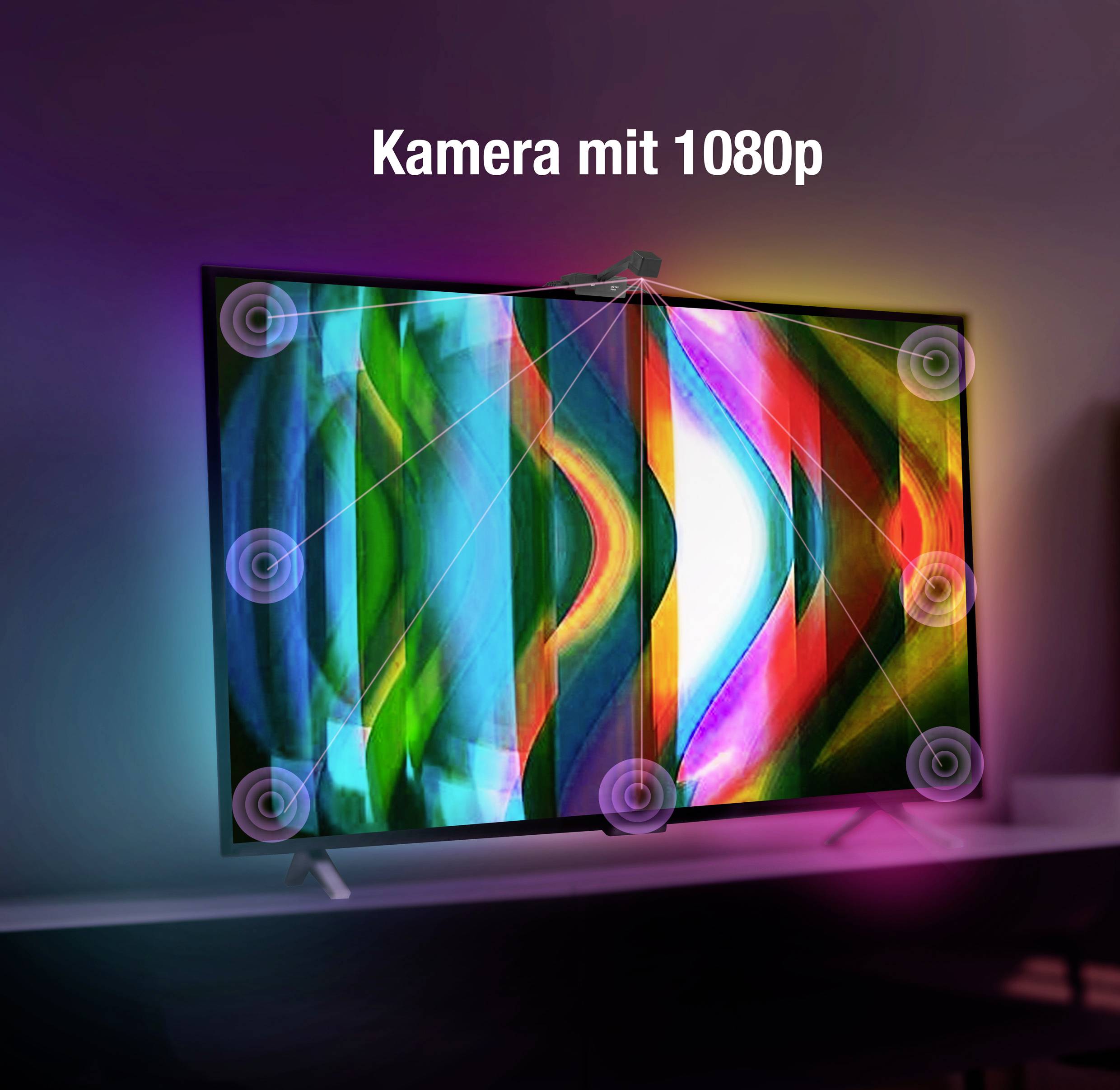 Un téléviseur à écran plat affiche un motif abstrait et coloré. En haut est inscrit le texte « Caméra avec 1080p », ce qui indique une haute résolution.