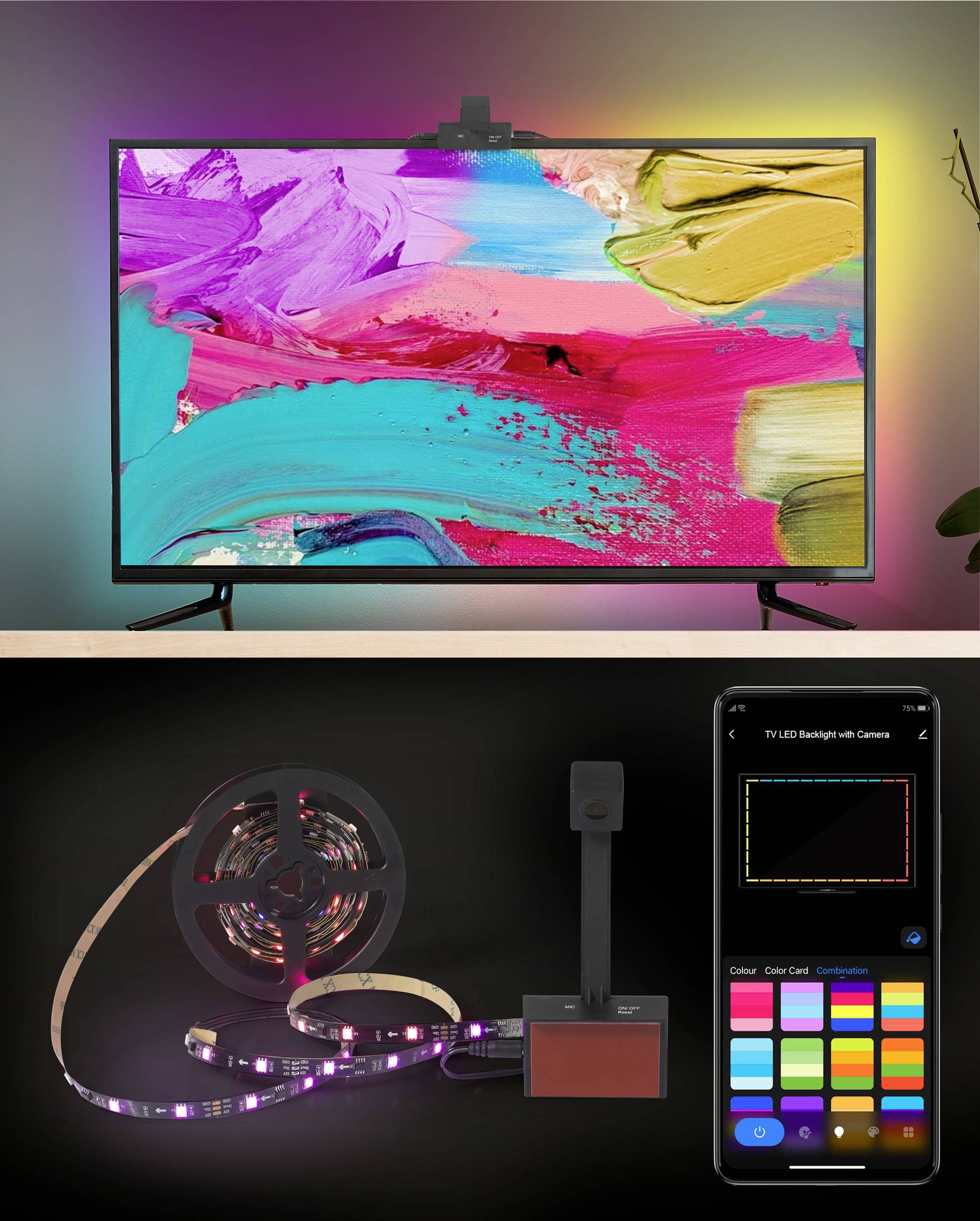 Un téléviseur avec une barre lumineuse colorée et une caméra. En dessous, une télécommande avec une sélection de couleurs pour l'éclairage.