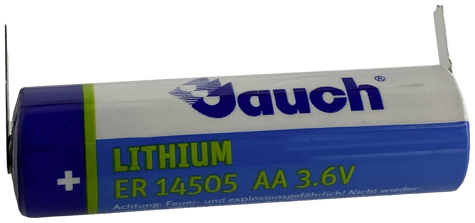 Batterie au lithium, Marque : Jauch, Type : ER14505, Tension : 3,6V, Avertissement : 'Risque de feu et d'explosion. Ne pas ouvrir.'