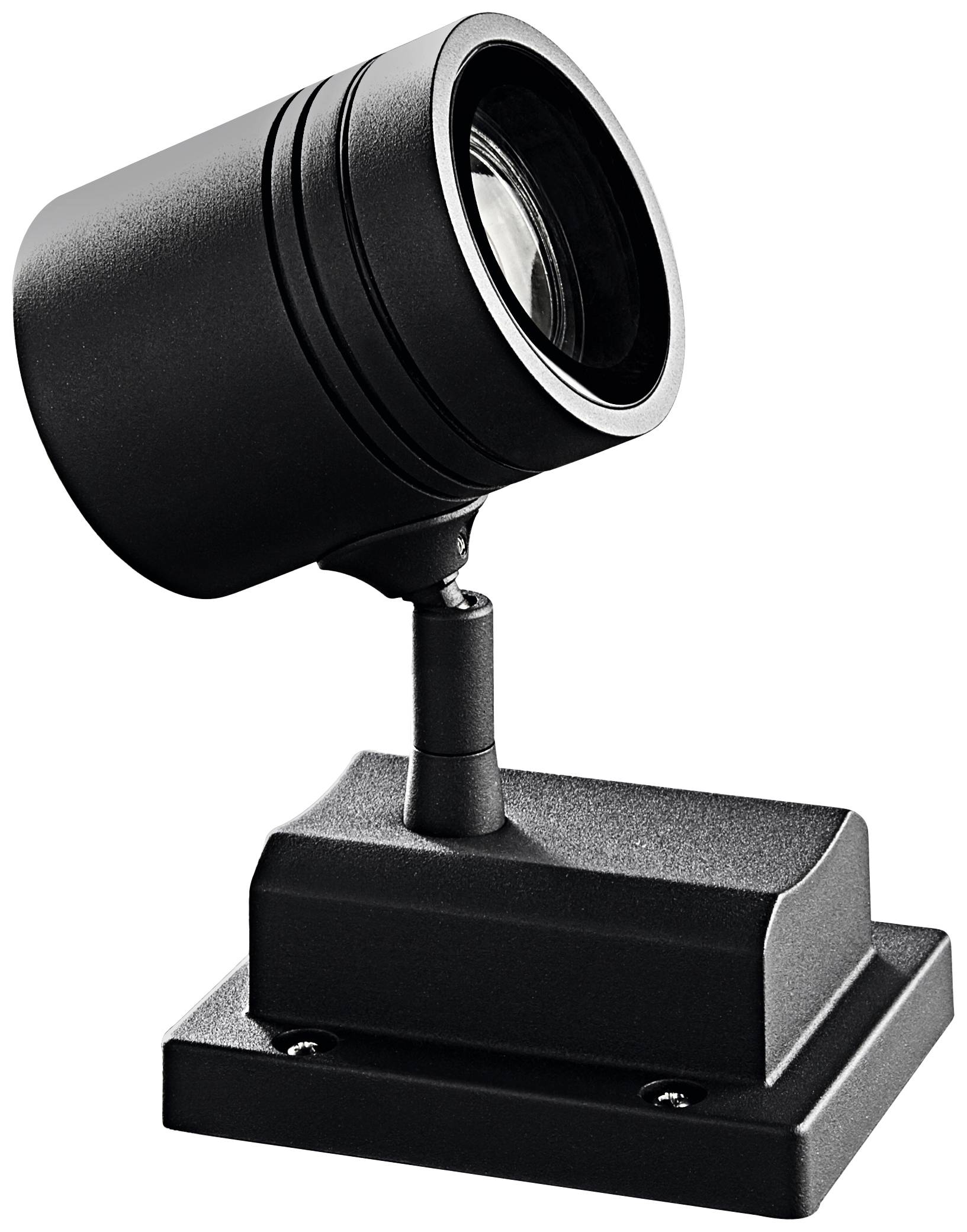 Projecteur spot noir, orientable, avec base rectangulaire, adapté pour un éclairage directionnel à l'intérieur.