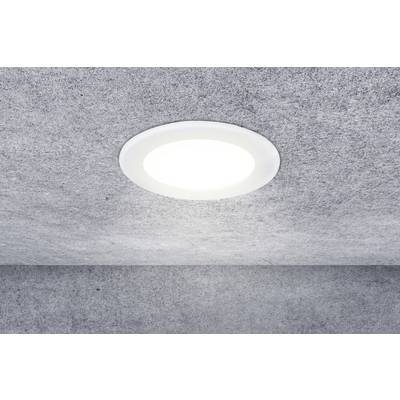 Luminaire plafonnier rond fixé à un plafond gris, émettant une lumière vive.