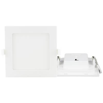 Plafonnier LED carré blanc, vue de face sur la zone lumineuse et vue arrière avec supports et connexion.