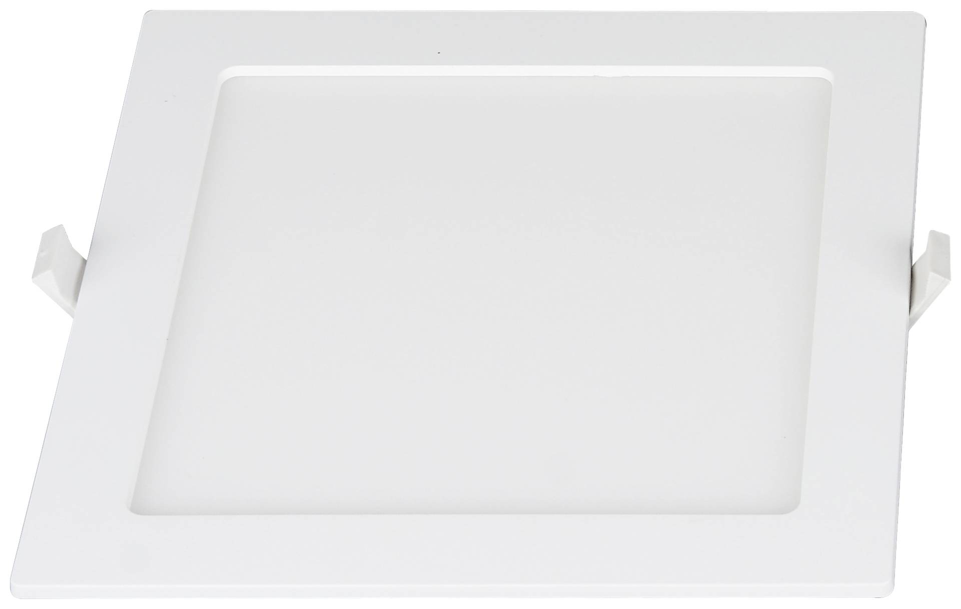 Luminaire encastré LED carré blanc à surface lisse, adapté pour une installation au plafond.