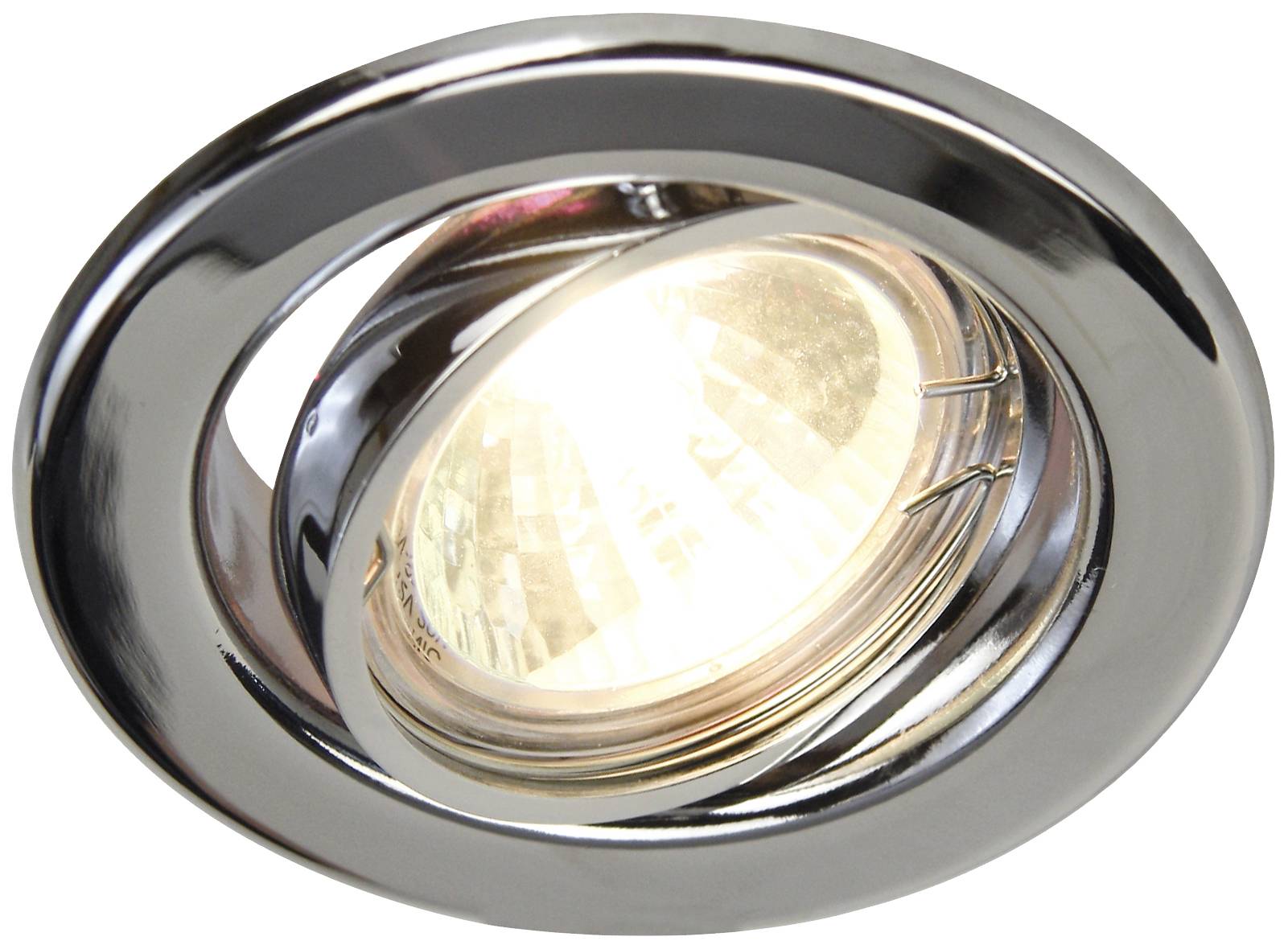 Spot encastrable en métal poli avec un cadre rond, lumineux. Idéal pour un montage au plafond, offrant un éclairage d'ambiance.