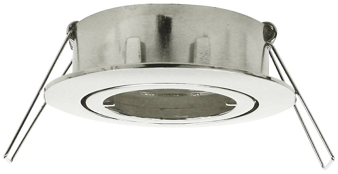 Spot encastrable rond avec support métallique. Adapté pour une installation au plafond. Design argenté avec deux bras de fixation.