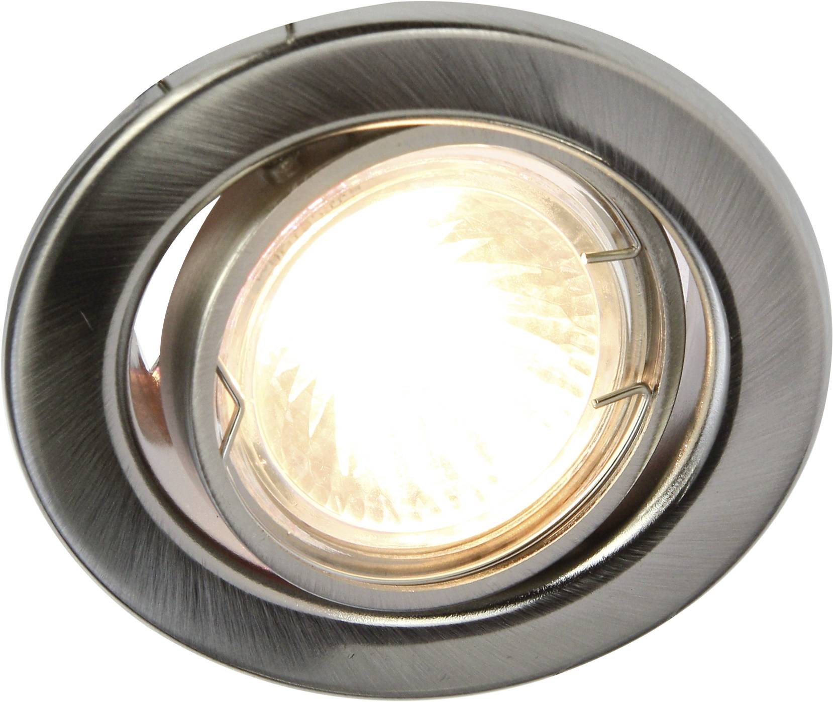 Un luminaire encastré rond en métal qui éclaire intensément. Il projette sa lumière vers le bas dans une pièce.