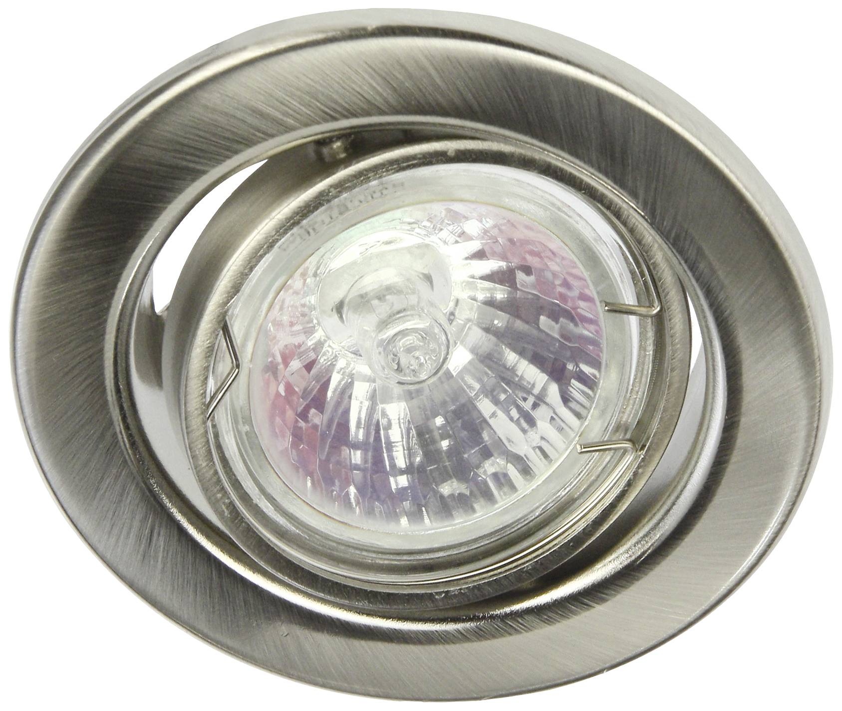 Luminaire encastré avec cadre en métal brossé et couvercle en verre transparent.