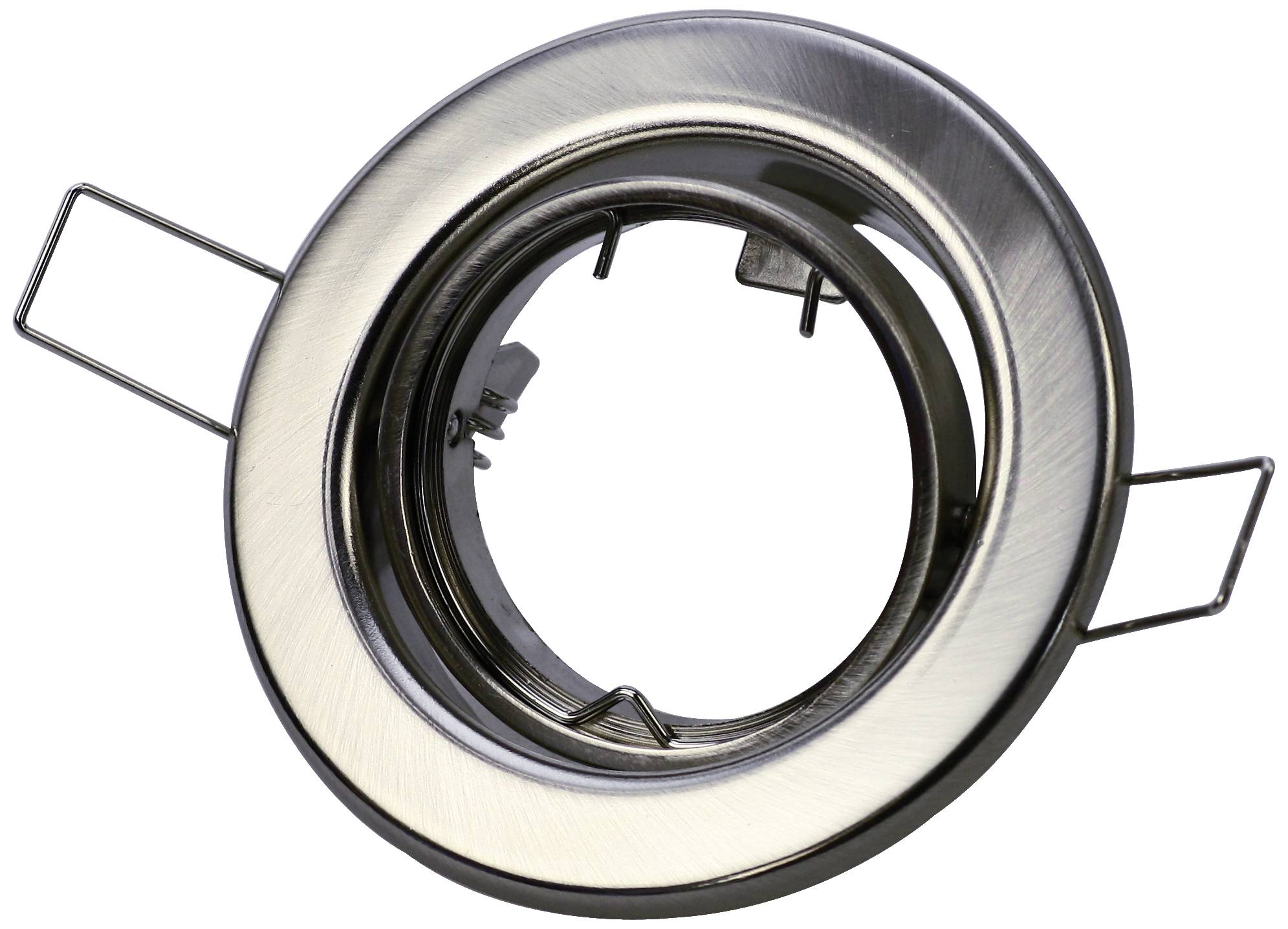 Cadre de montage encastré rond en métal pour spot de plafond, couleur argent, avec deux ressorts de fixation latéraux, adapté aux lampes LED.