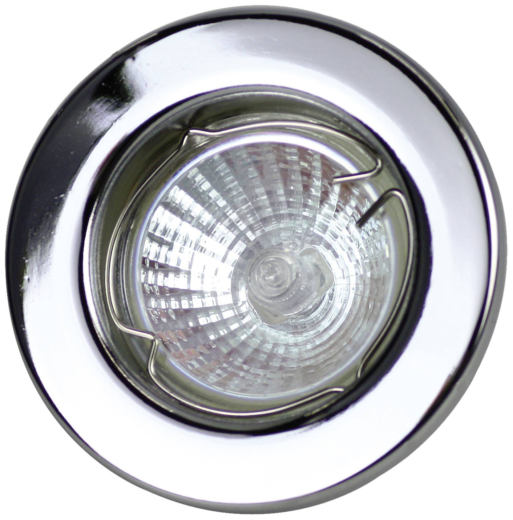 Luminaire encastré rond en argent avec un verre clair et strié, montrant un plafonnier moderne vu de dessous.