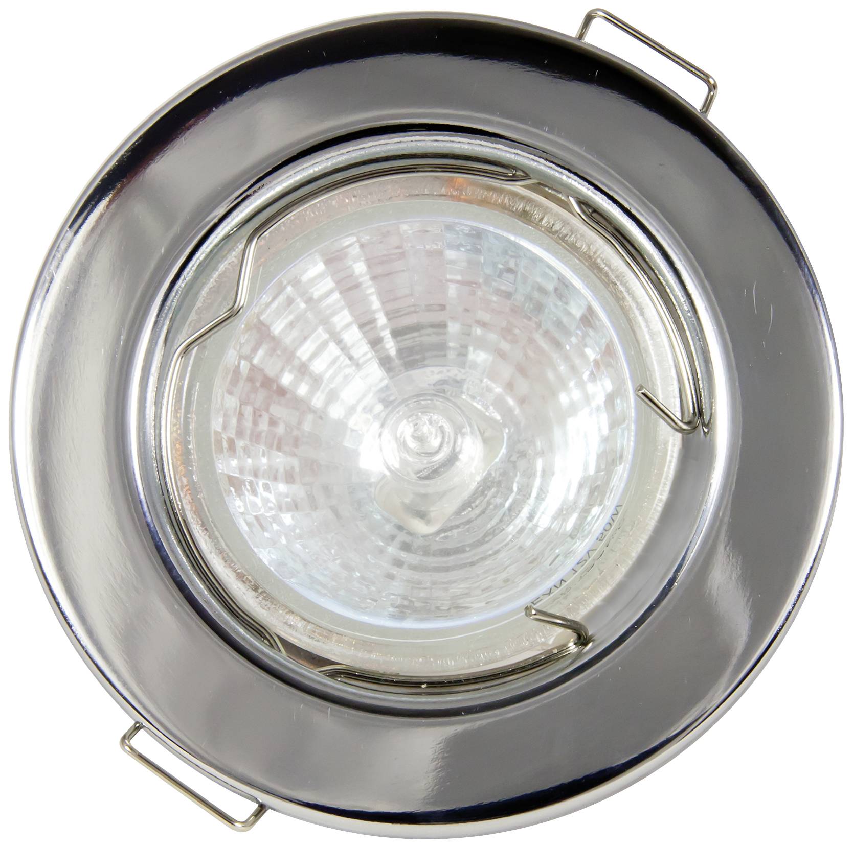 Un luminaire de plafond rond en argent avec un couvercle en verre transparent, vu de dessus. Conçu pour être installé comme un spot encastré.