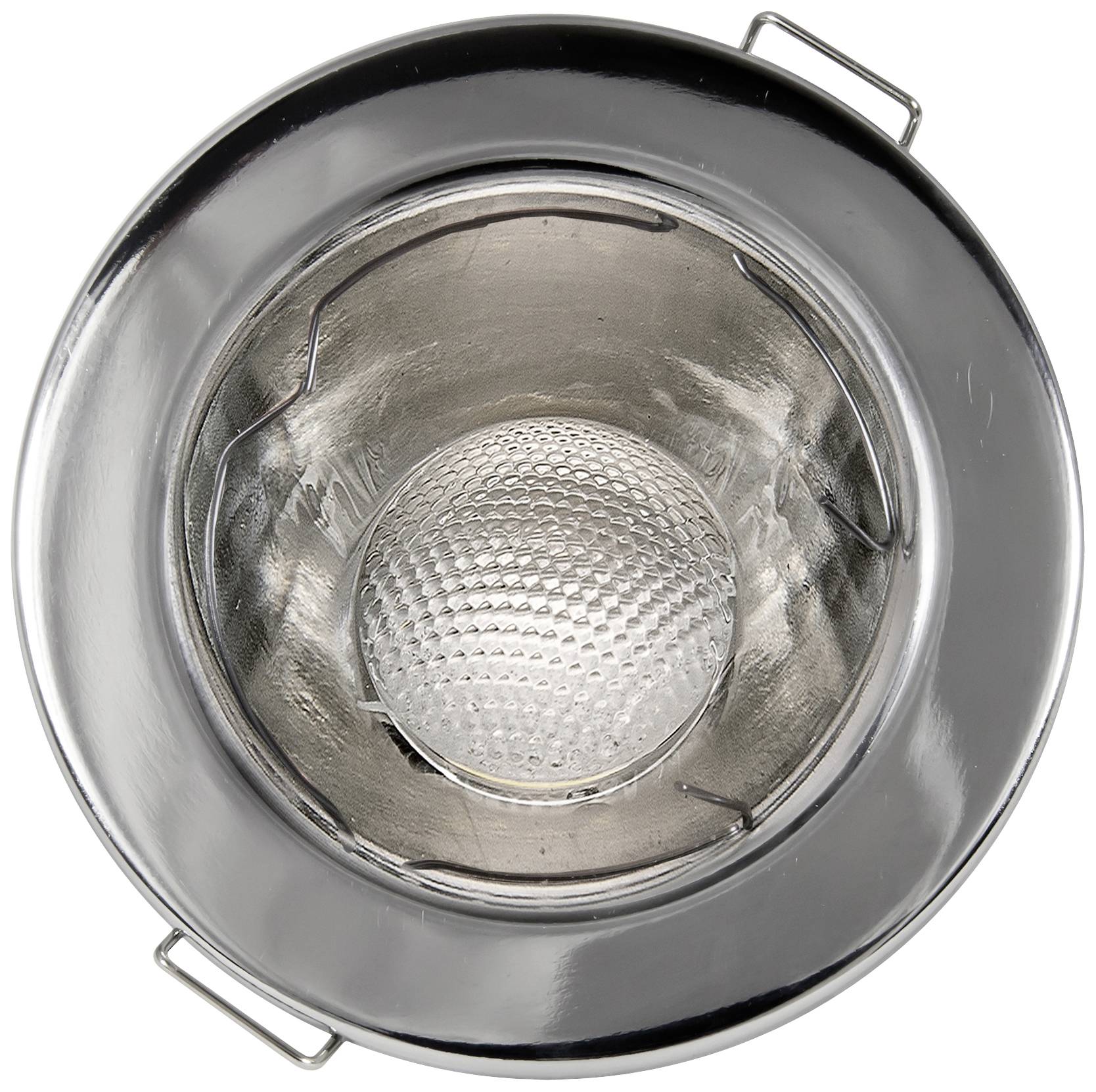 Un luminaire encastré rond en argent avec un diffuseur en verre texturé au centre. Il est en métal et dispose de deux supports de fixation.
