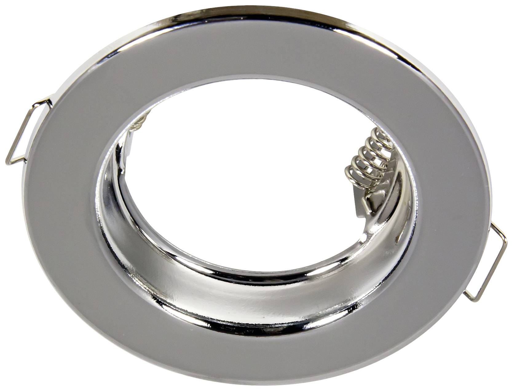 Un cadre lumineux rond en argent avec supports et ressorts pour l'installation de spots de plafond.