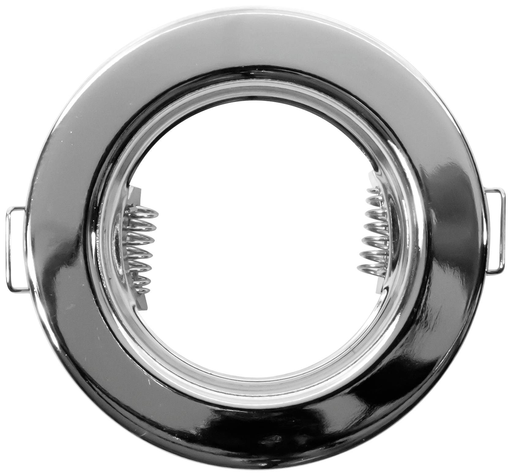 Pièce ronde en métal argenté avec un mécanisme à ressort interne, probablement un cadre encastrable pour un éclairage ou un dispositif technique.