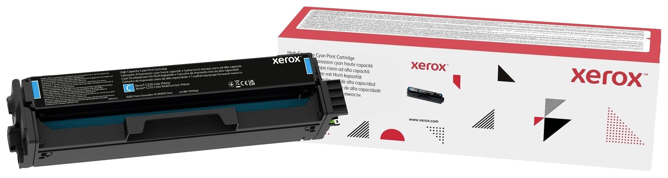 Une cartouche de toner noir Xerox à côté de son emballage. L'emballage est blanc avec des motifs géométriques et le logo Xerox.