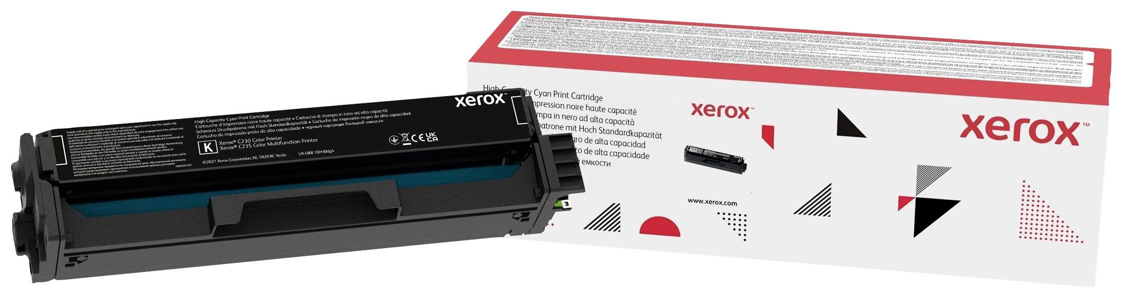 Cartouches et emballage de la marque Xerox, en noir, avec des éléments graphiques minimalistes sur l'emballage.