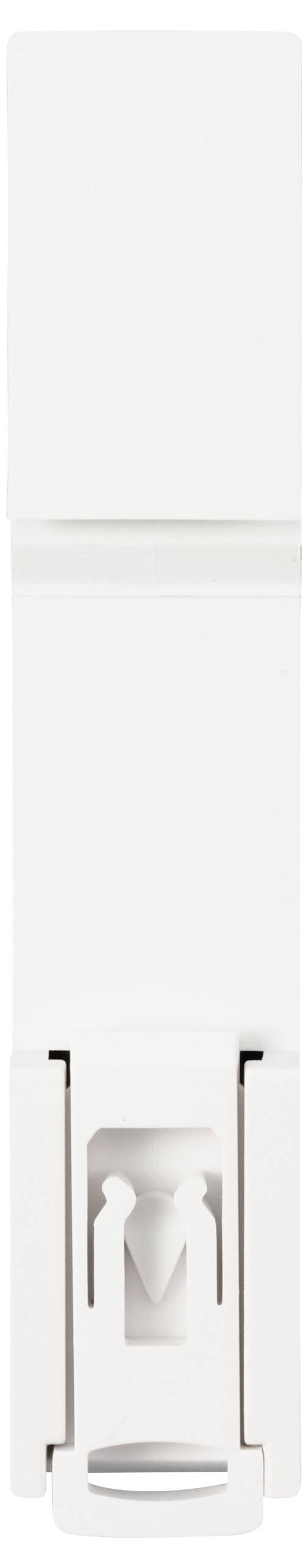 Pièce blanche en plastique, allongée, avec une connexion de type charnière, probablement un élément d'un système de verrouillage ou de fixation.