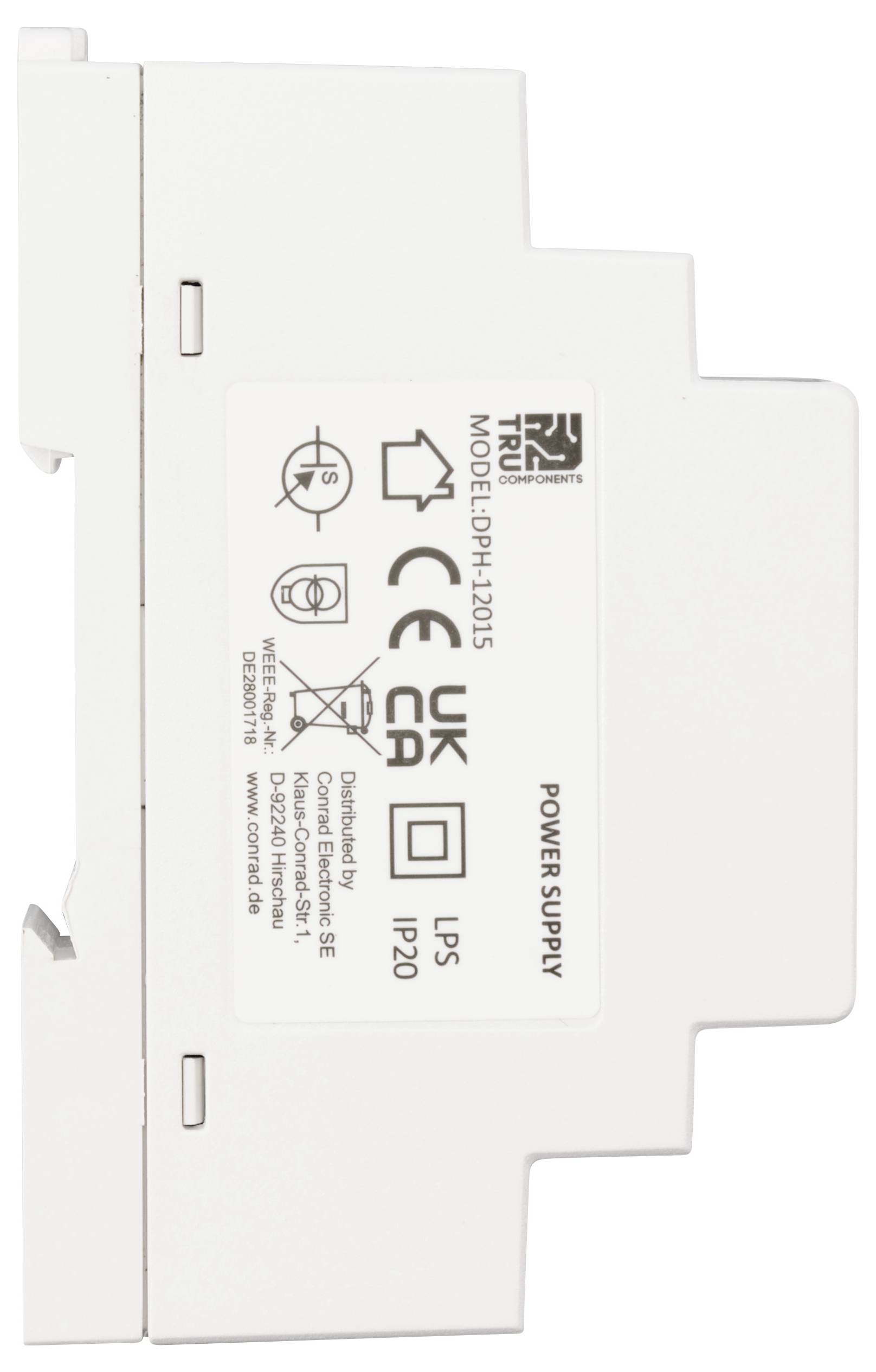 Un module d'alimentation blanc avec des informations sur le produit et des certificats de contrôle sur le côté. Adapté pour le montage dans un coffret électrique.