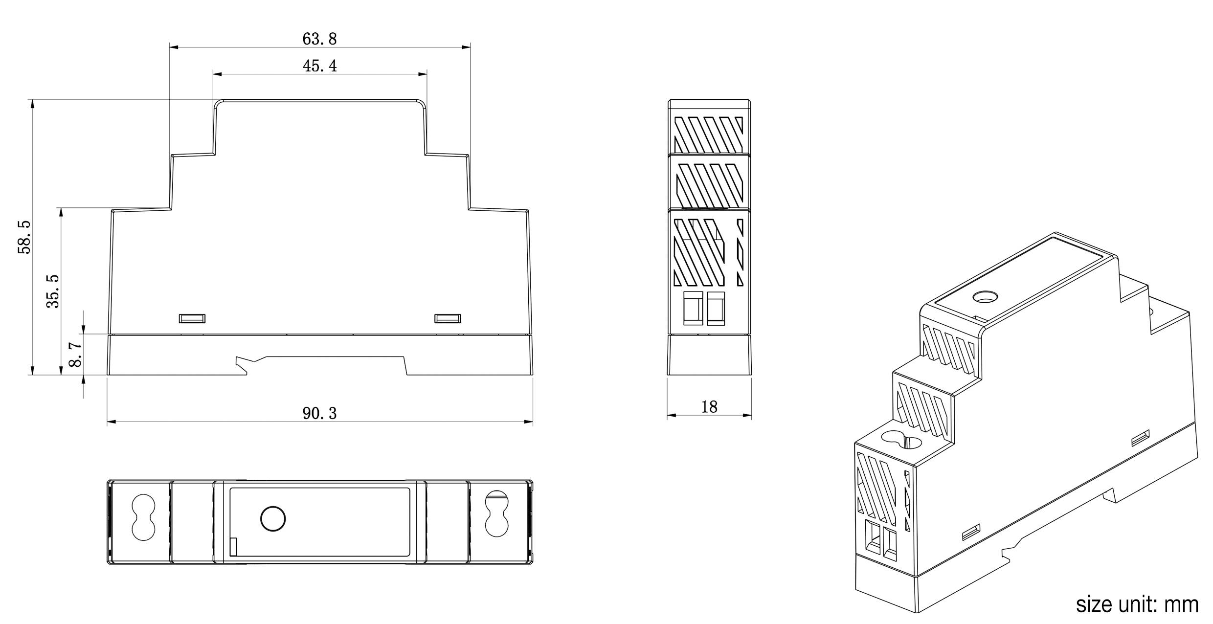 Dessin technique d'un boîtier de rail DIN électrique avec dimensions en millimètres.