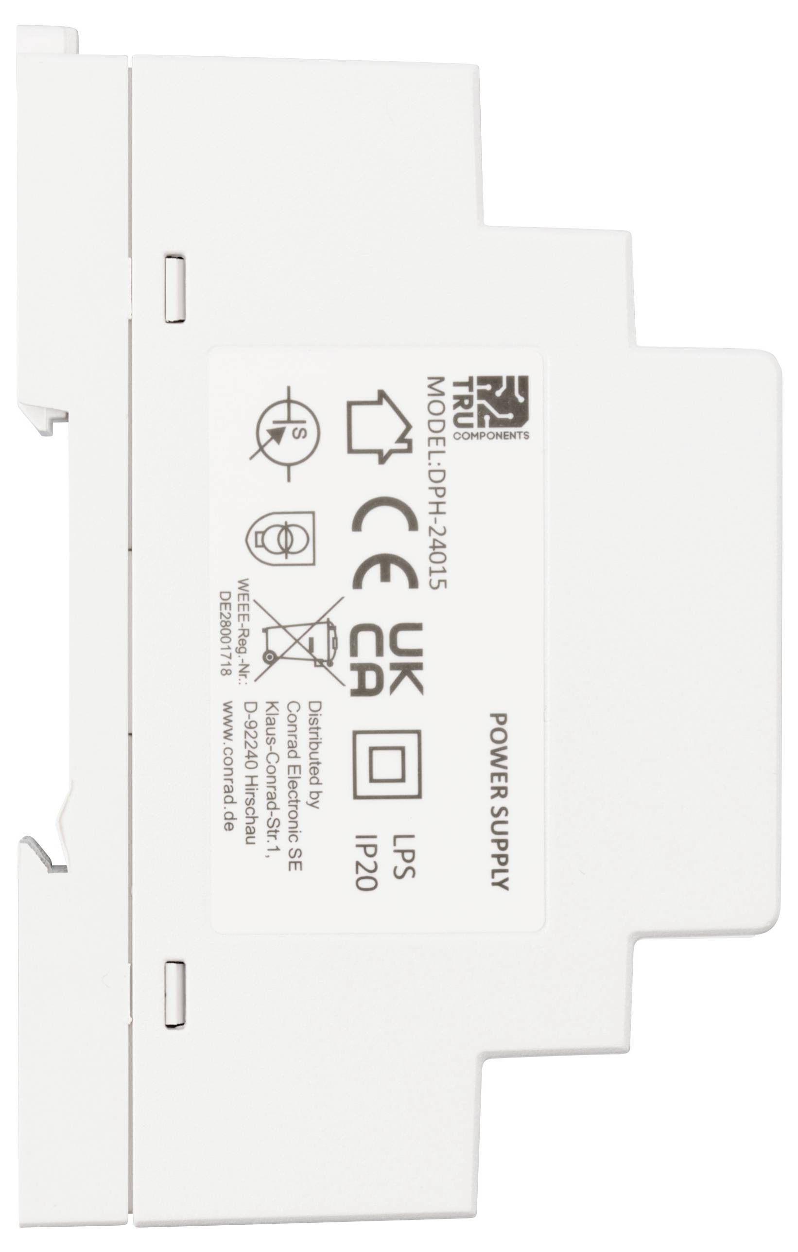 Un dispositif d'alimentation blanc portant les inscriptions : « Modèle DPSH-24015 », avec divers symboles de sécurité et de certification.