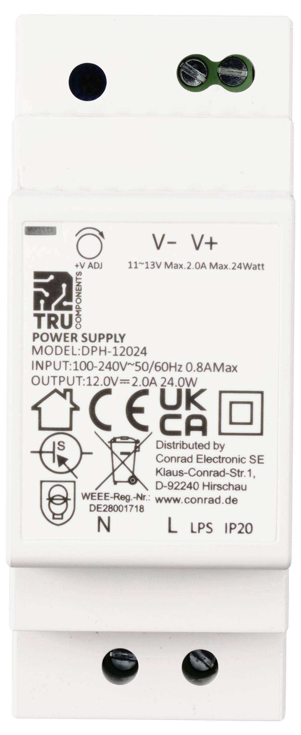 Unité d'alimentation électrique blanche avec indications sur le modèle DPH-12024, puissance d'entrée et de sortie. Logos de certifications visibles.