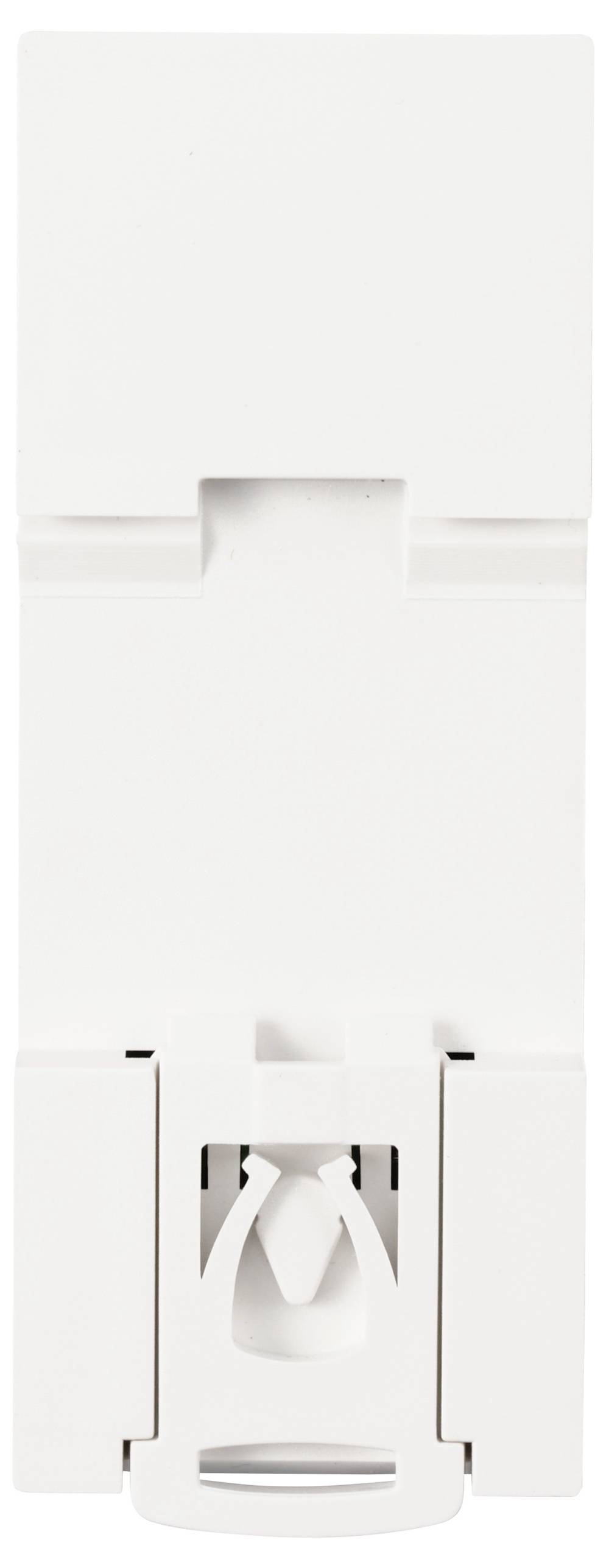 Un clip en plastique blanc avec une ouverture pour se fixer à une surface. Principalement adapté pour un usage domestique ou de bureau.