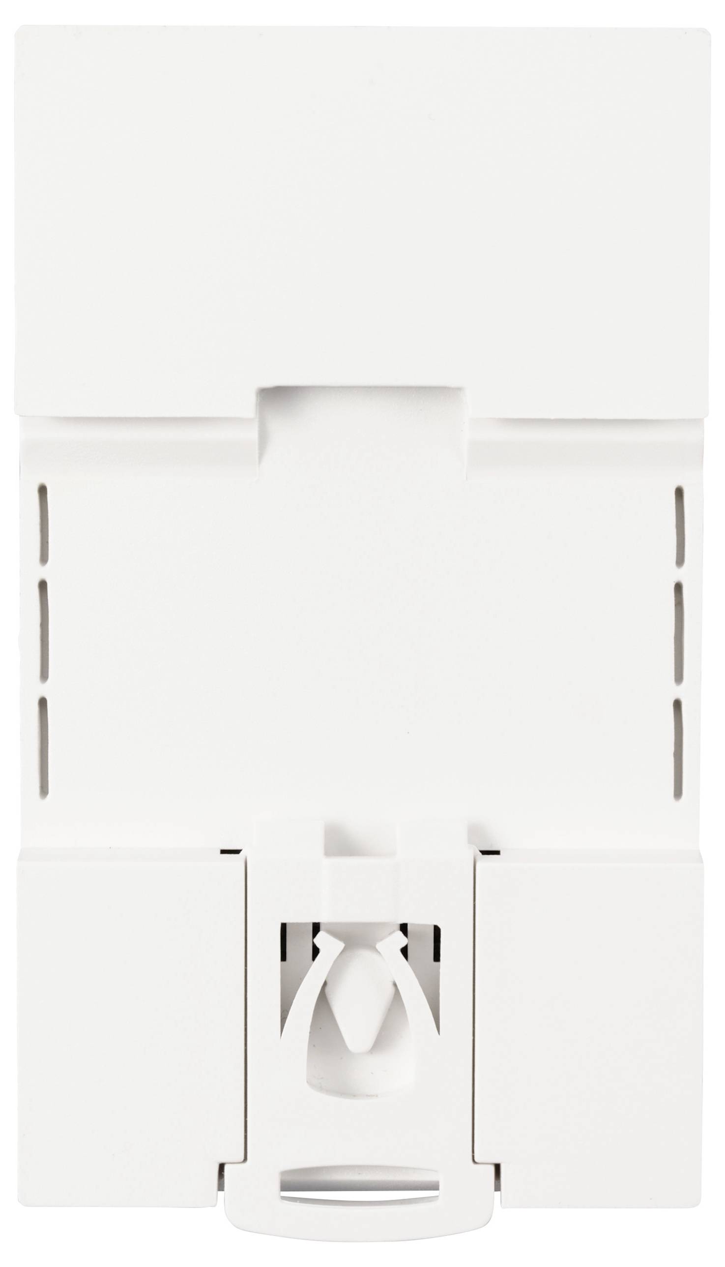 Un interrupteur rectangulaire blanc en plastique, doté d'un mécanisme à bascule au centre, sur un fond neutre.