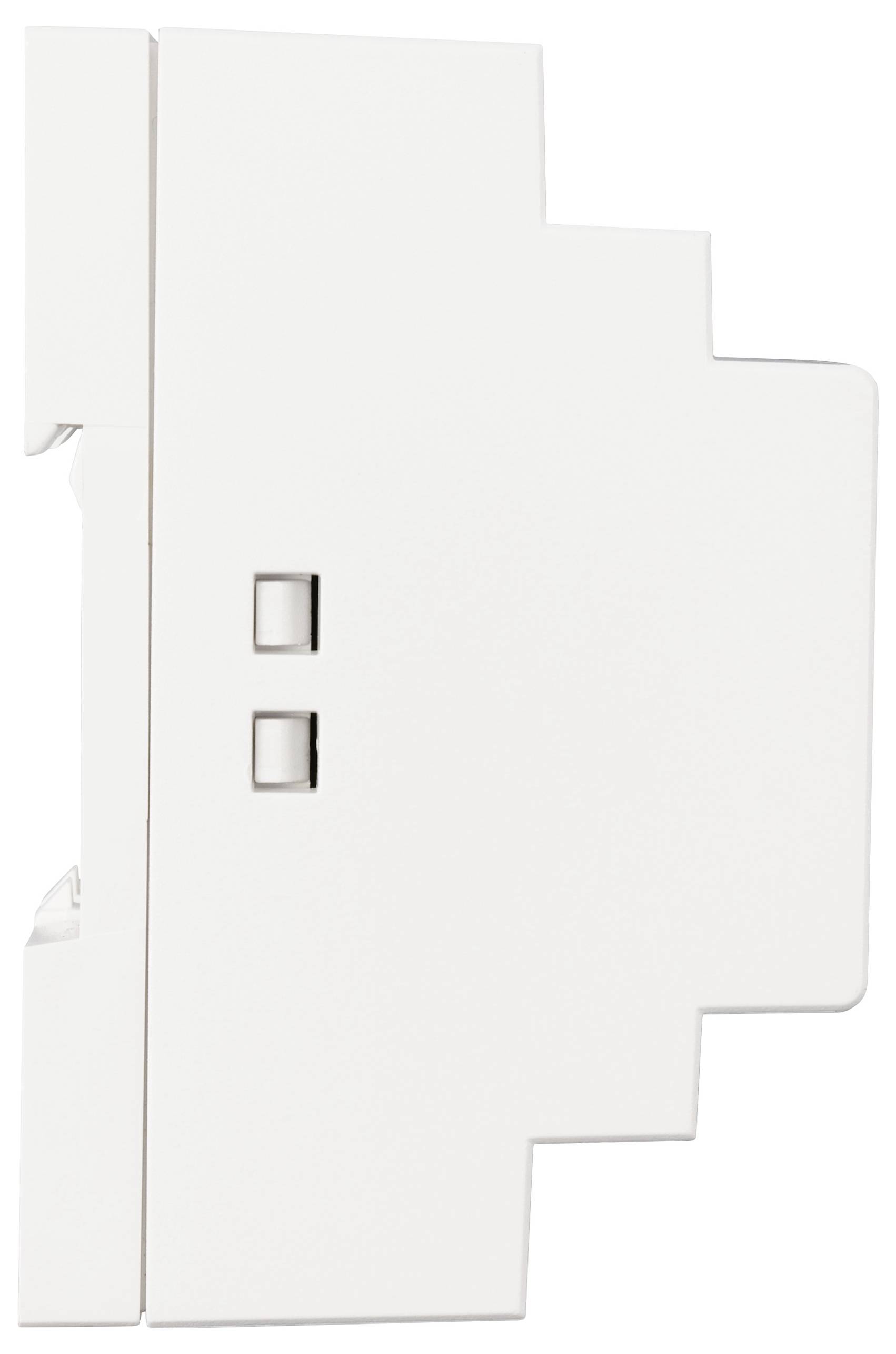 Un appareil électronique blanc rectangulaire avec deux boutons carrés sur le côté.