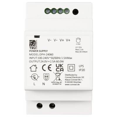 Bloc d'alimentation de TRU Components, modèle DPH-24060, Entrée 100-240V ~ 50/60Hz 1,5A, Sortie 24V 2,5A 60W, Fonctions et avertissements.