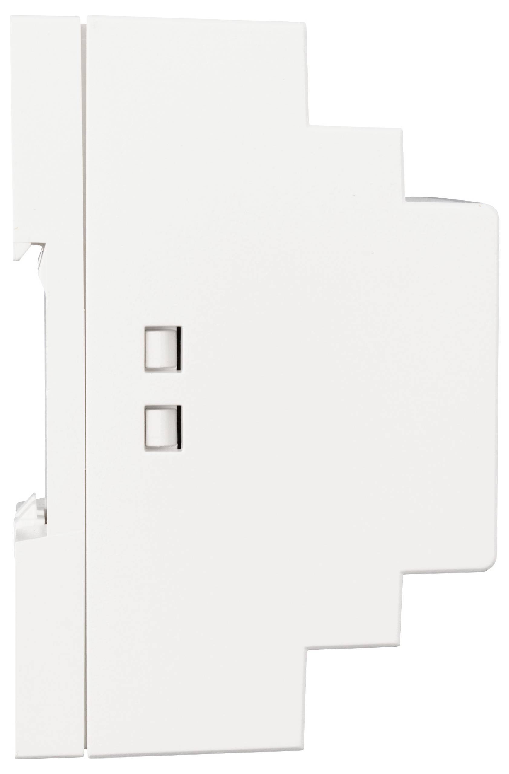 Un appareil électronique blanc rectangulaire avec deux petites touches rectangulaires sur le côté.