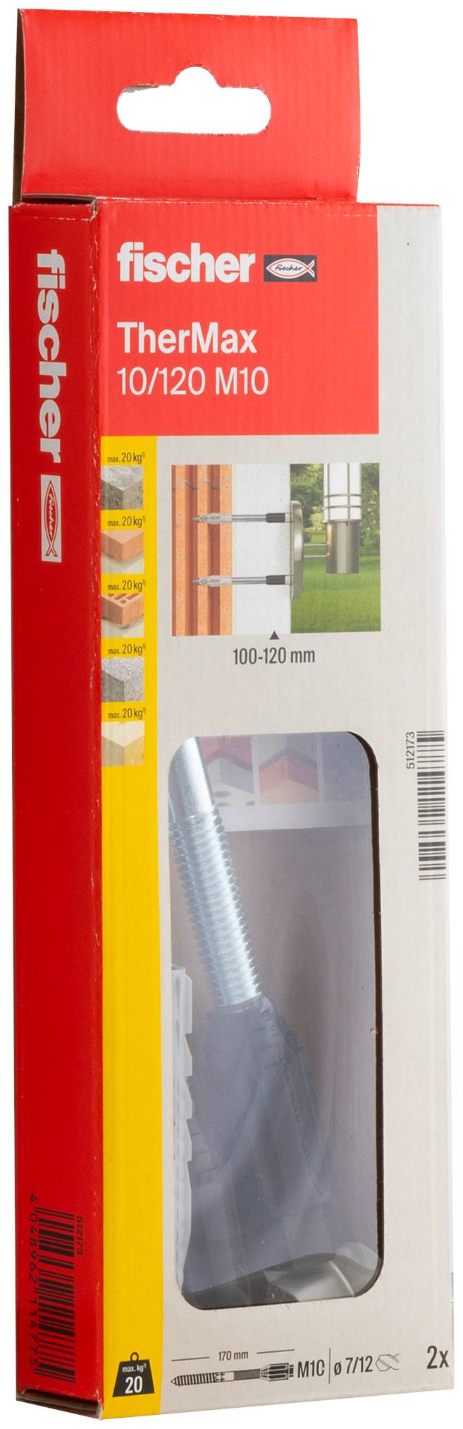 Emballage pour Fischer TherMax 10/120 M10. Présente des images du produit, un exemple d'application et des informations sur le produit. Contient 2 parties.